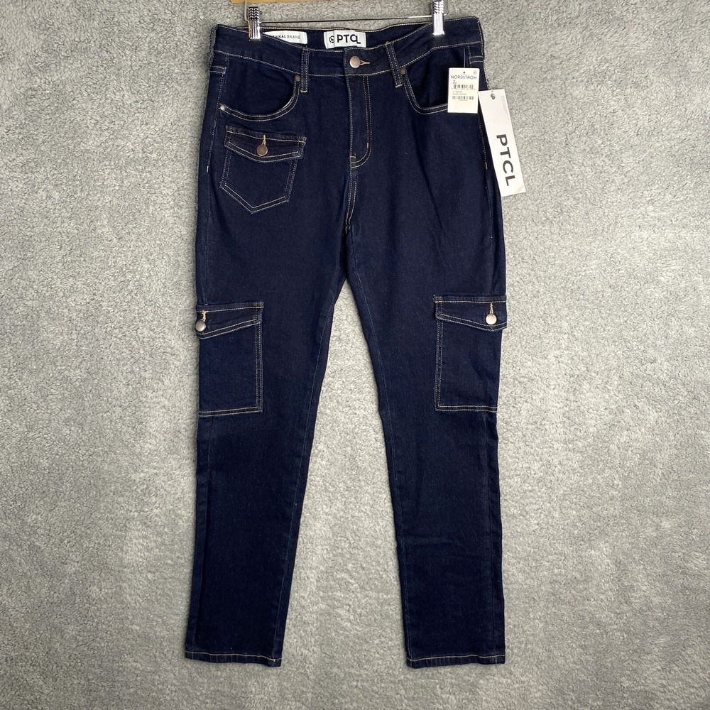 PTCL Jeans Womens Size 30 Ankle Skinny Cargo Blue Dark Wash Flap Pockets Stretch